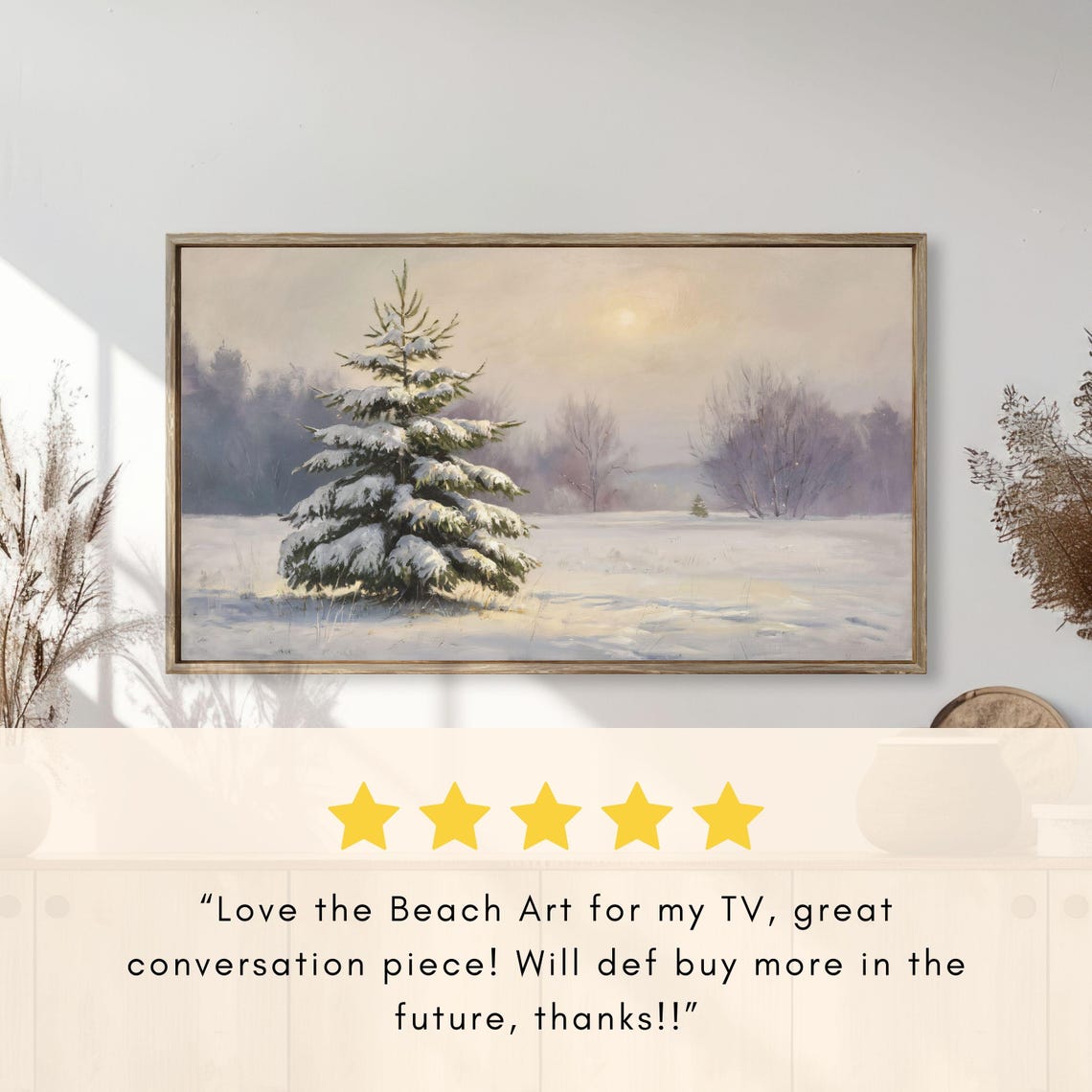 Lone Snow Covered Pine Tree Winter Field Minimalist Painting Poster - Image 2