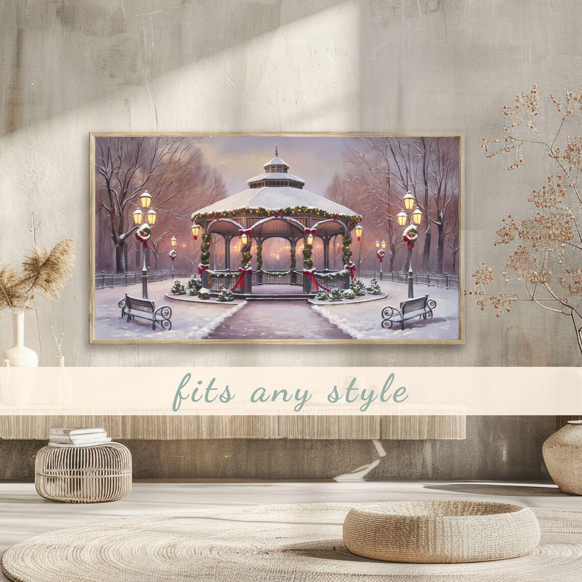 Snow Covered Victorian Park Gazebo Christmas Eve Night Scene Poster - Image 3