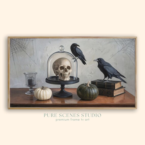 Eerie Halloween Still Life Skull Under Glass Crows and Books Poster