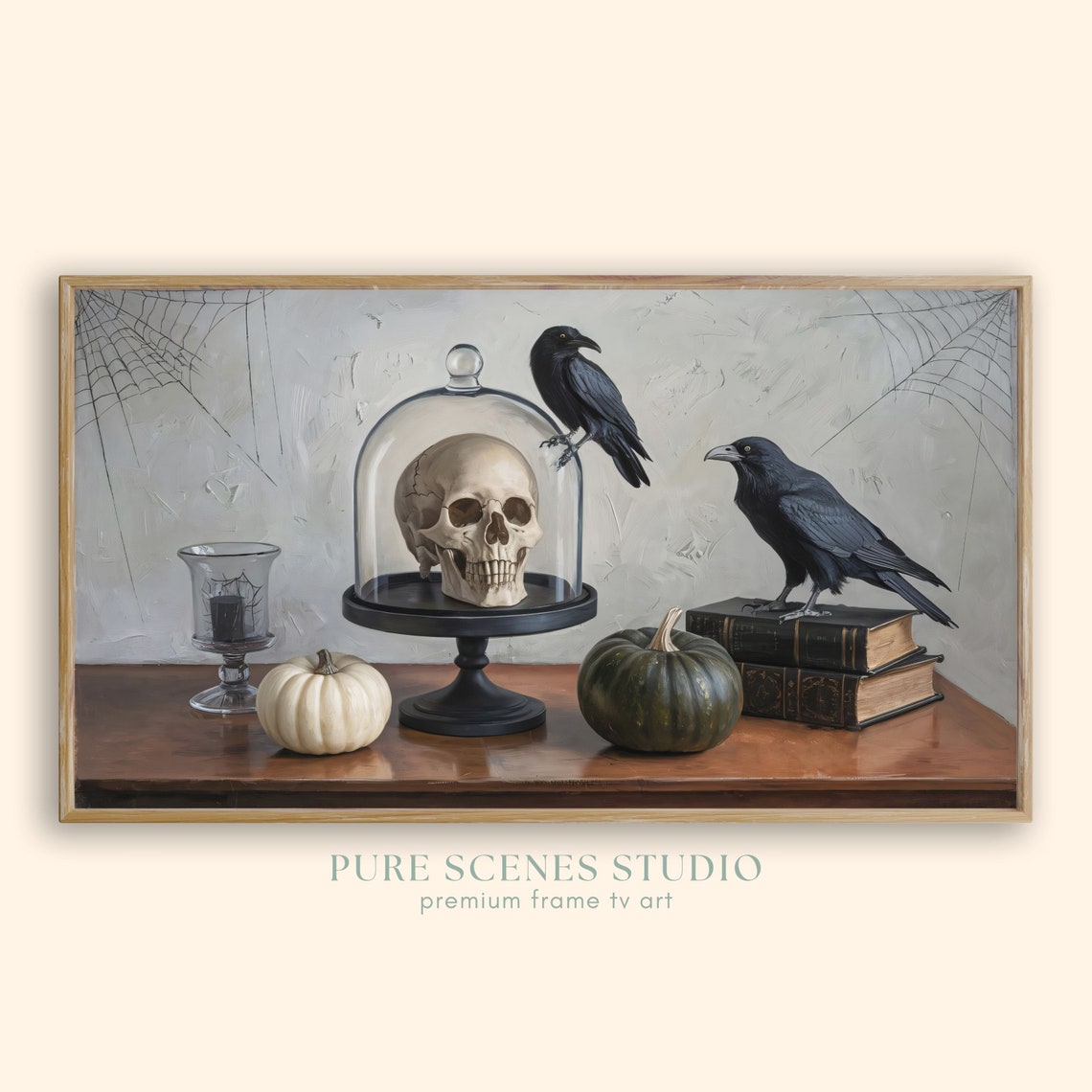 Eerie Halloween Still Life Skull Under Glass Crows and Books Poster
