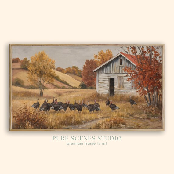 Wild Turkeys Near Rustic Farmhouse Autumn Thanksgiving Landscape Poster