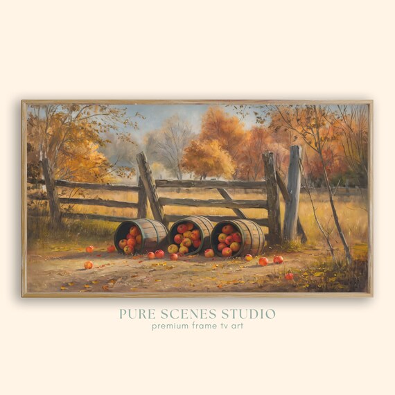 Apple Barrels Resting by Rustic Wooden Fence Autumn Farm Poster