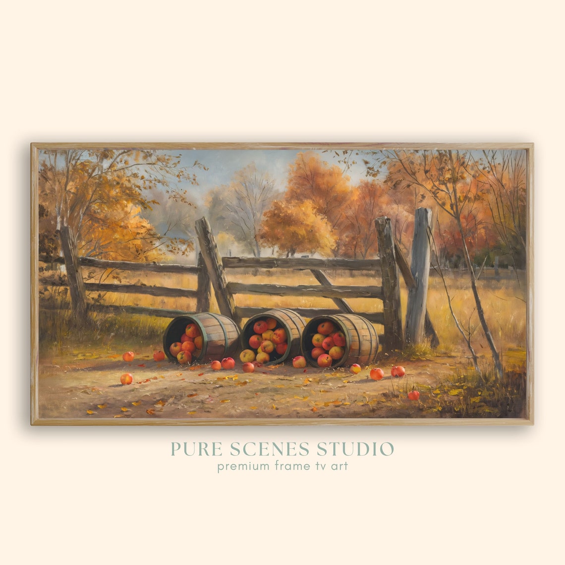 Apple Barrels Resting by Rustic Wooden Fence Autumn Farm Poster