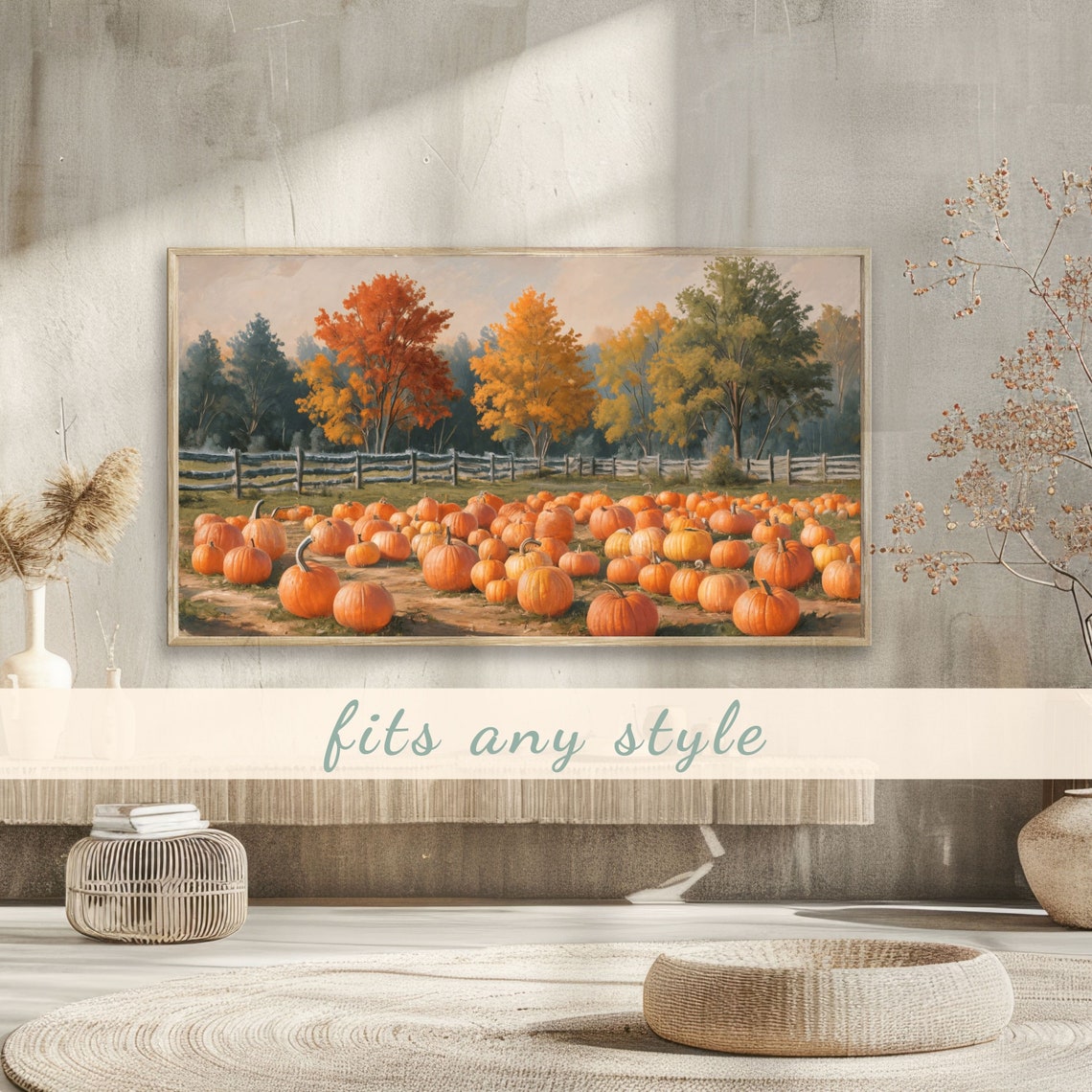 Pumpkin Patch with Split Rail Fence Colorful Autumn Trees Poster - Image 3