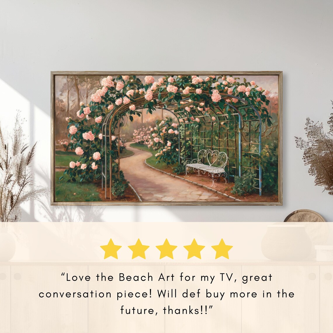 Pink Climbing Roses Garden Arch Bench Vintage Painting Poster - Image 2