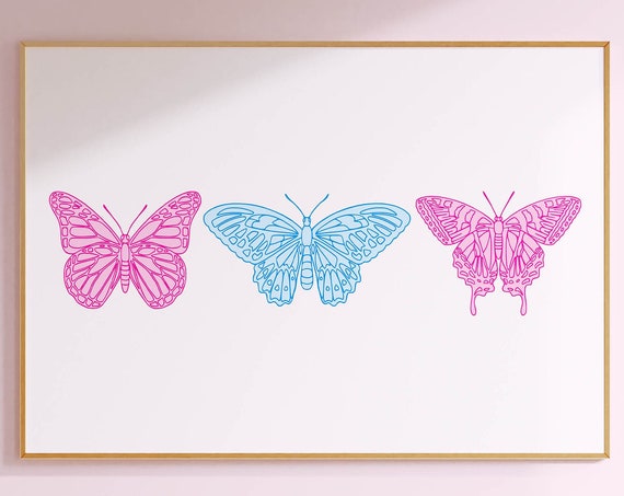 Butterflies Light Pink Wall Art Blue Dorm Room Decor Cute Girly Wall Art Light Pink Room Decor Horizontal Wall Art Preppy Y2k Room Decor