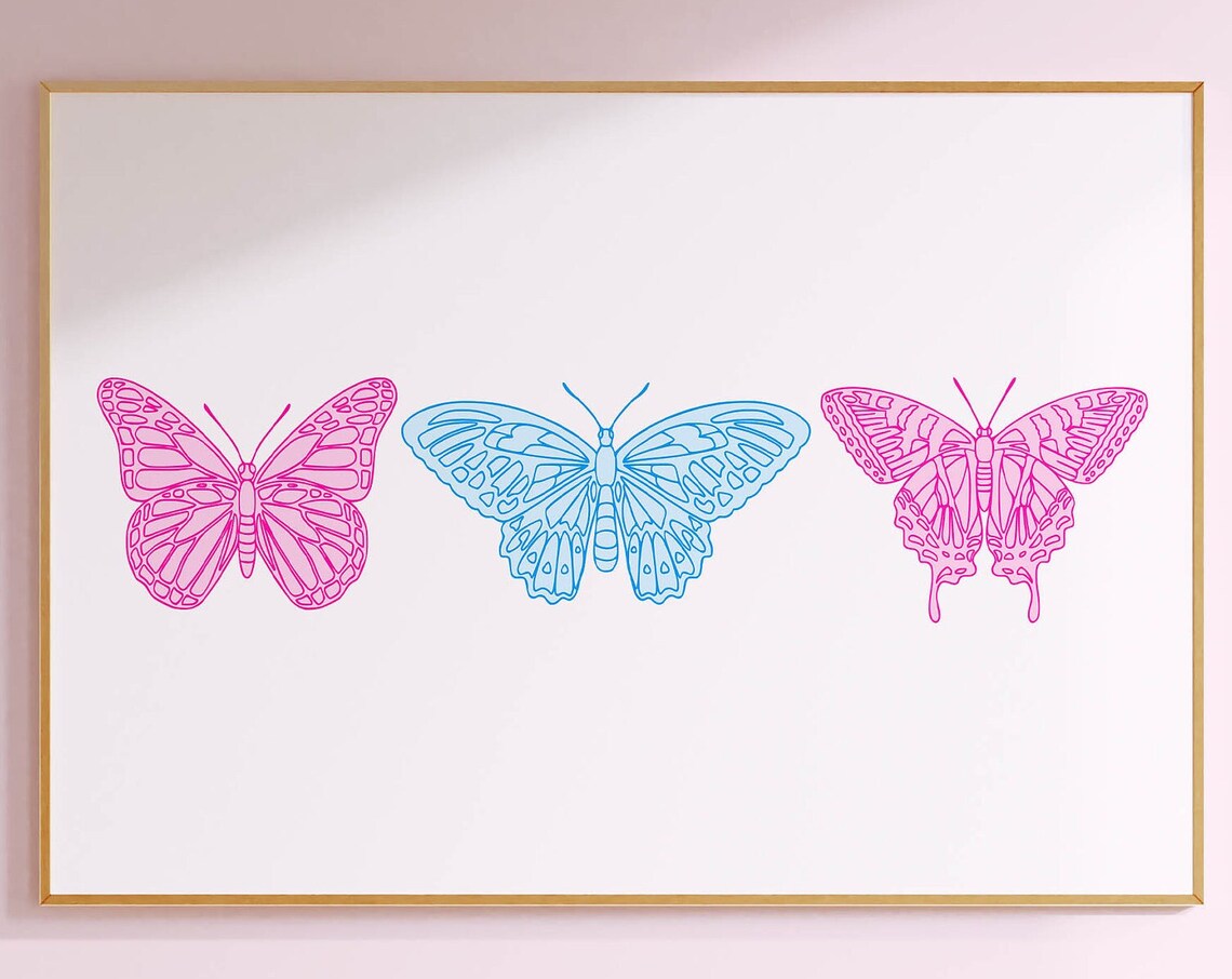 Pink and Blue Outlined Butterfly Trio Aesthetic Y2K Wall Art