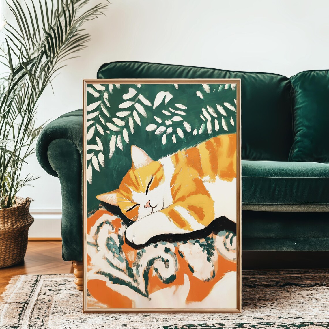 Orange Tabby Cat Sleeping Beside Green Foliage Cozy Nap Art Poster