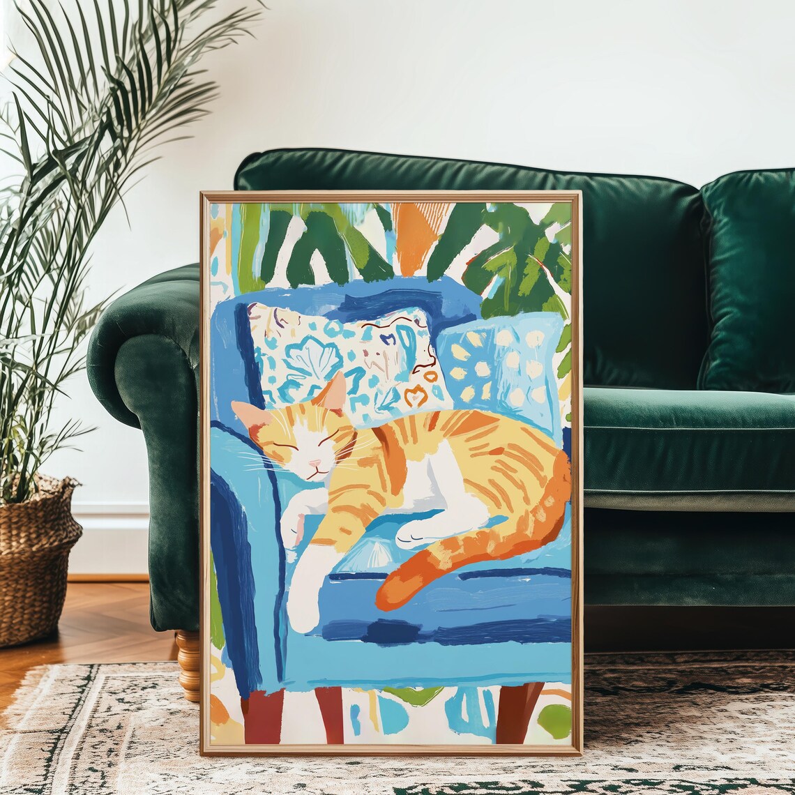 Orange Tabby Cat Sleeping On Bright Blue Armchair Cozy Art Poster - Image 2