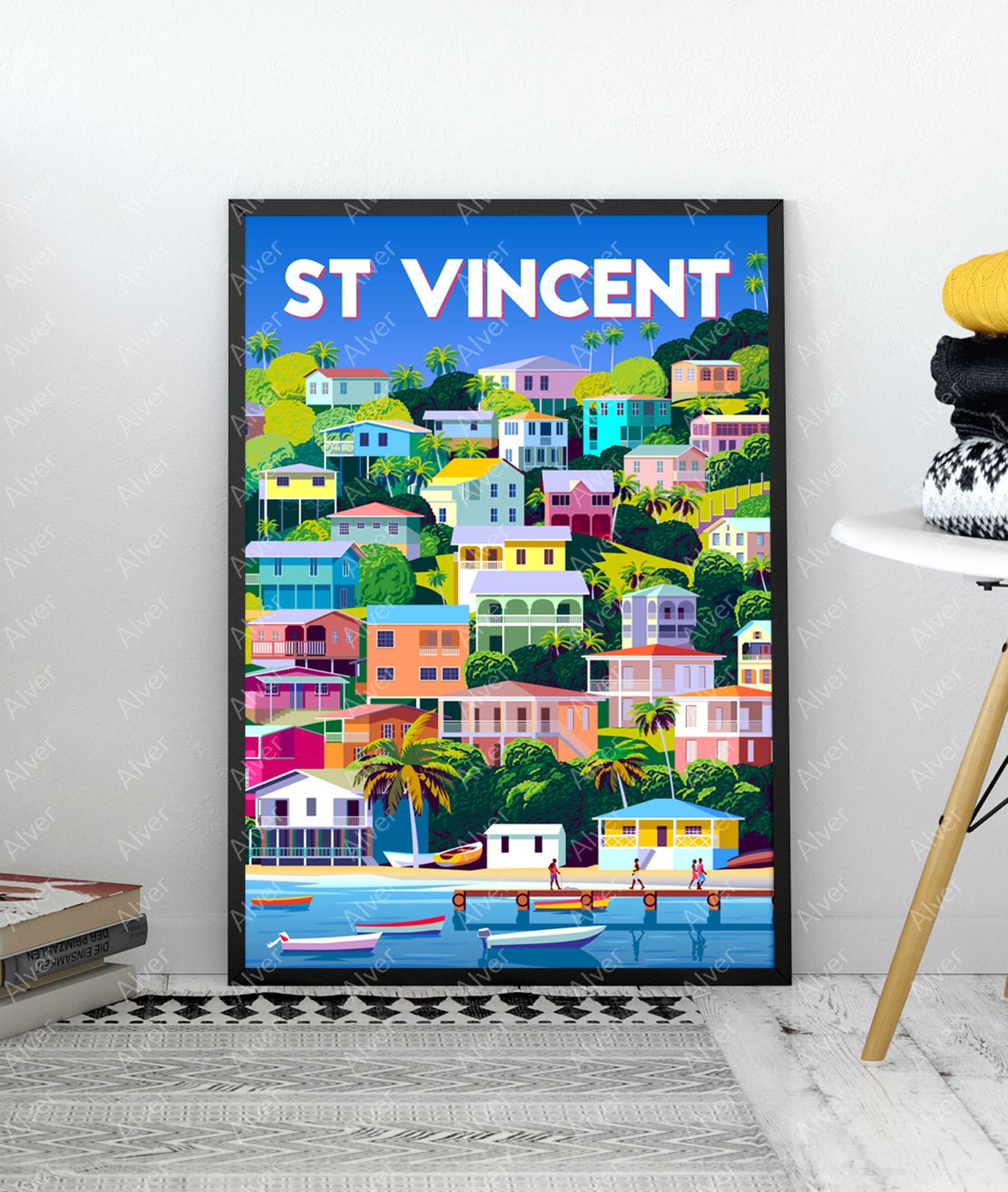 St Vincent Caribbean Colorful Hillside Houses Harbor Scene Poster - Image 3