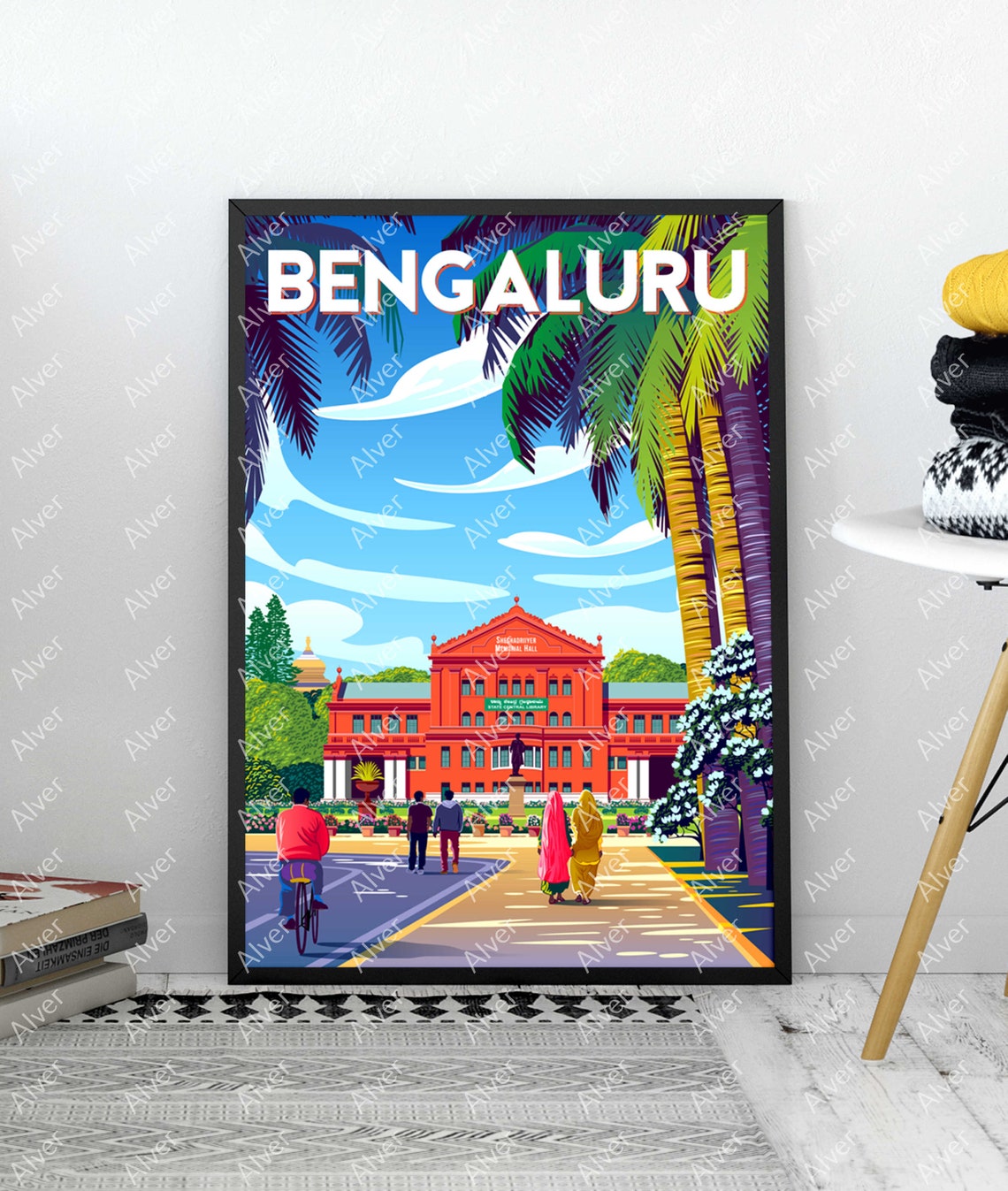 Bengaluru India Memorial Hall Palm Trees Retro Travel Poster - Image 3