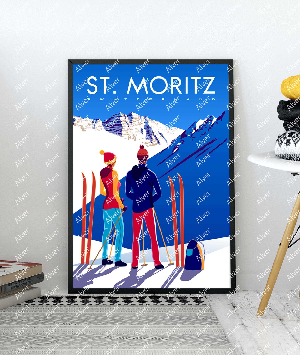 St. Moritz Switzerland Skiers Alpine Snow Peaks Ski Travel Poster - Image 2