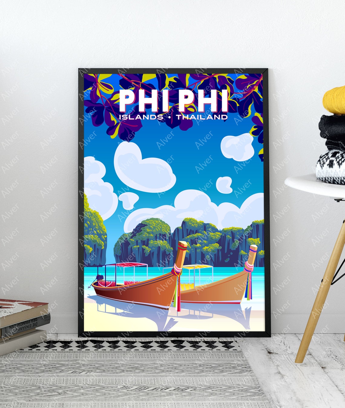 Phi Phi Islands Thailand Longtail Boats Cliffs Tropical Travel Poster - Image 3