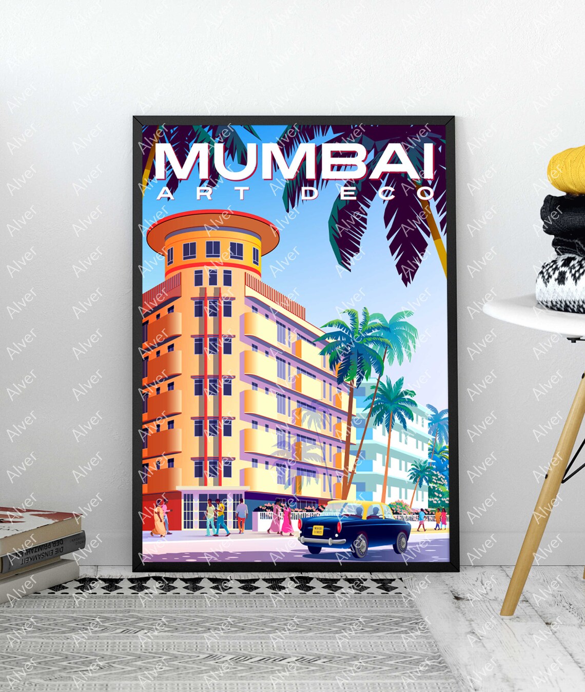 Mumbai Art Deco Building Palms Vintage Car Retro Travel Poster - Image 3