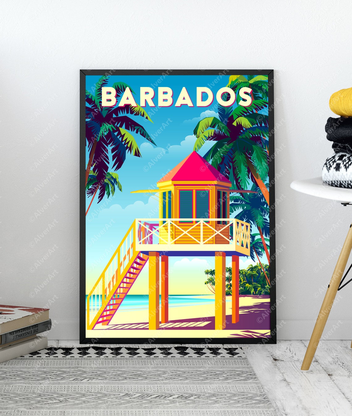 Barbados Lifeguard Tower Palm Trees Tropical Beach Scene Poster - Image 3