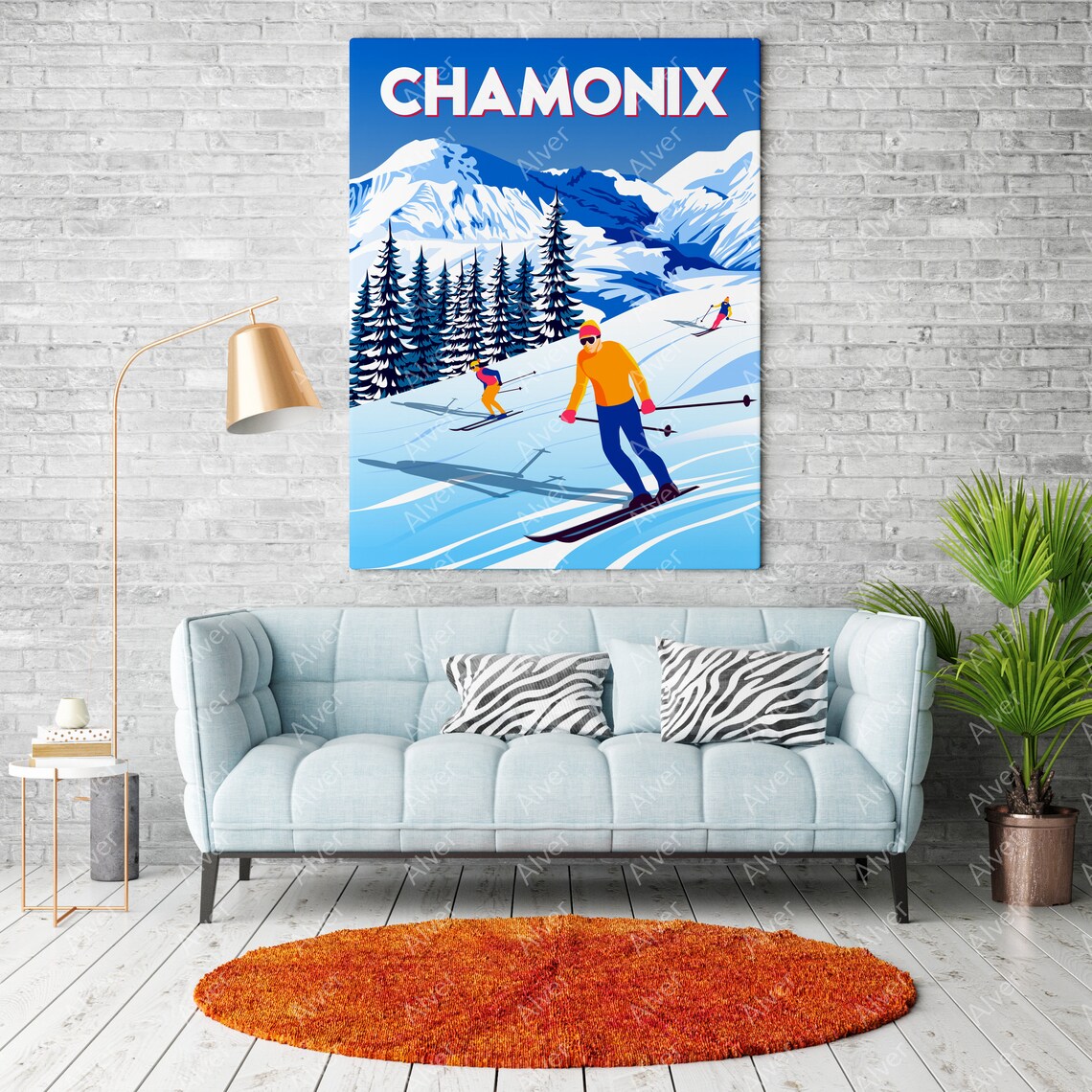 Chamonix Mont Blanc Skiers Snowy Slopes French Alps Scene Poster - Image 2