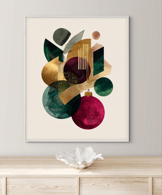 Modern Abstract Christmas Ornament Collage in Green and Gold Poster