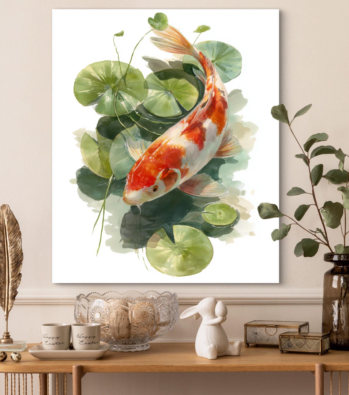 Koi Fish Watercolor Pond Lily Pads Serene Japanese Style Wall Art
