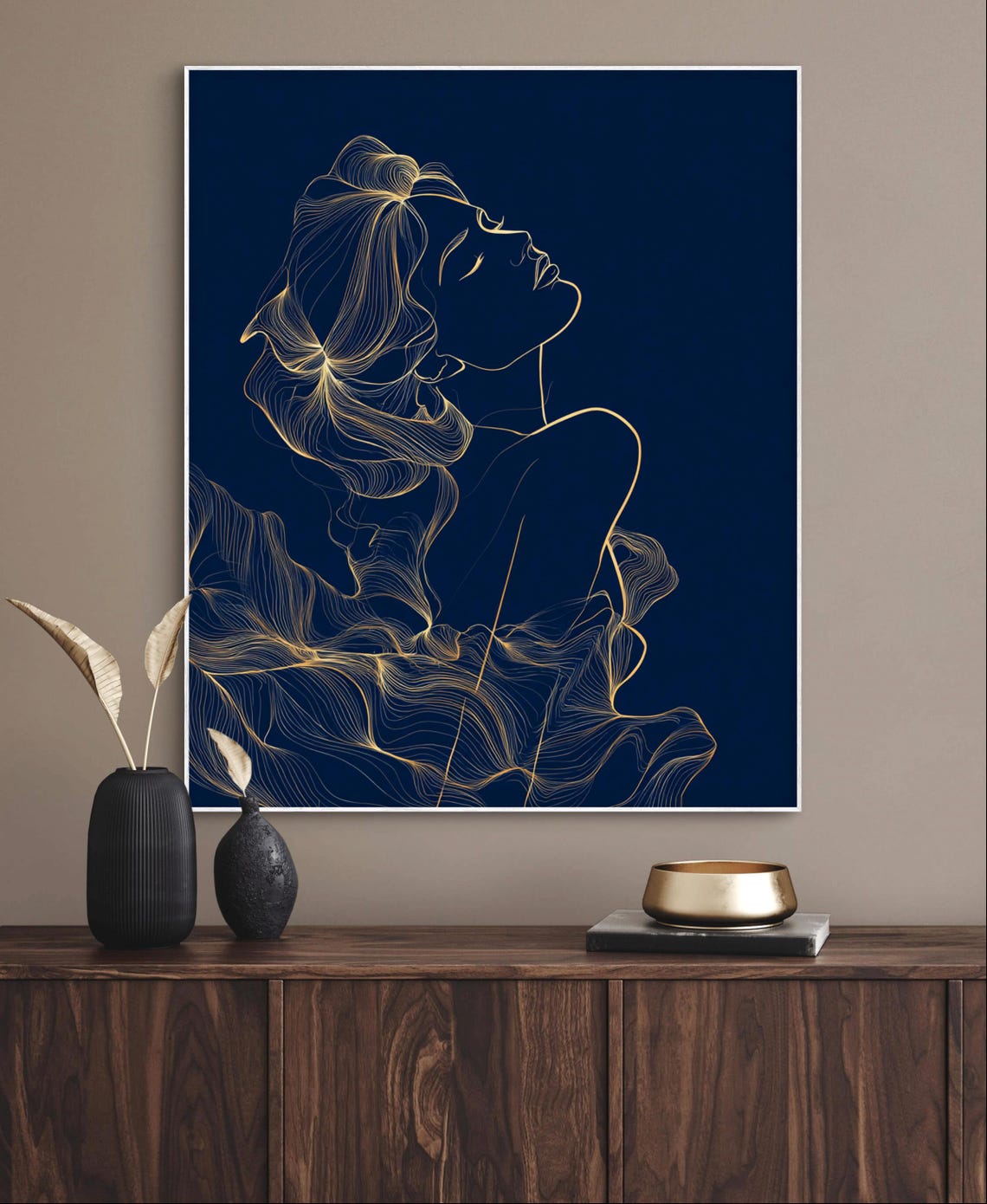 Golden Line Drawing Reclining Woman on Navy Minimalist Art Poster