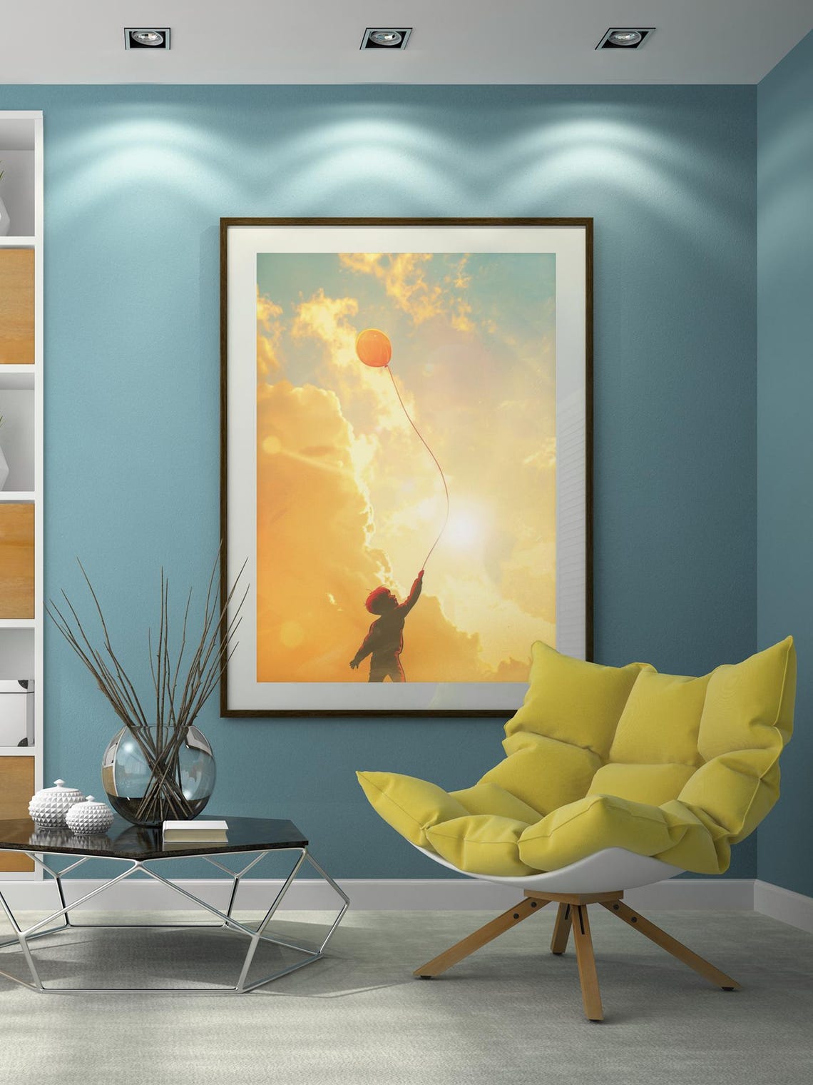 Child Silhouette Holding a Golden Balloon in Sunset Sky Poster
