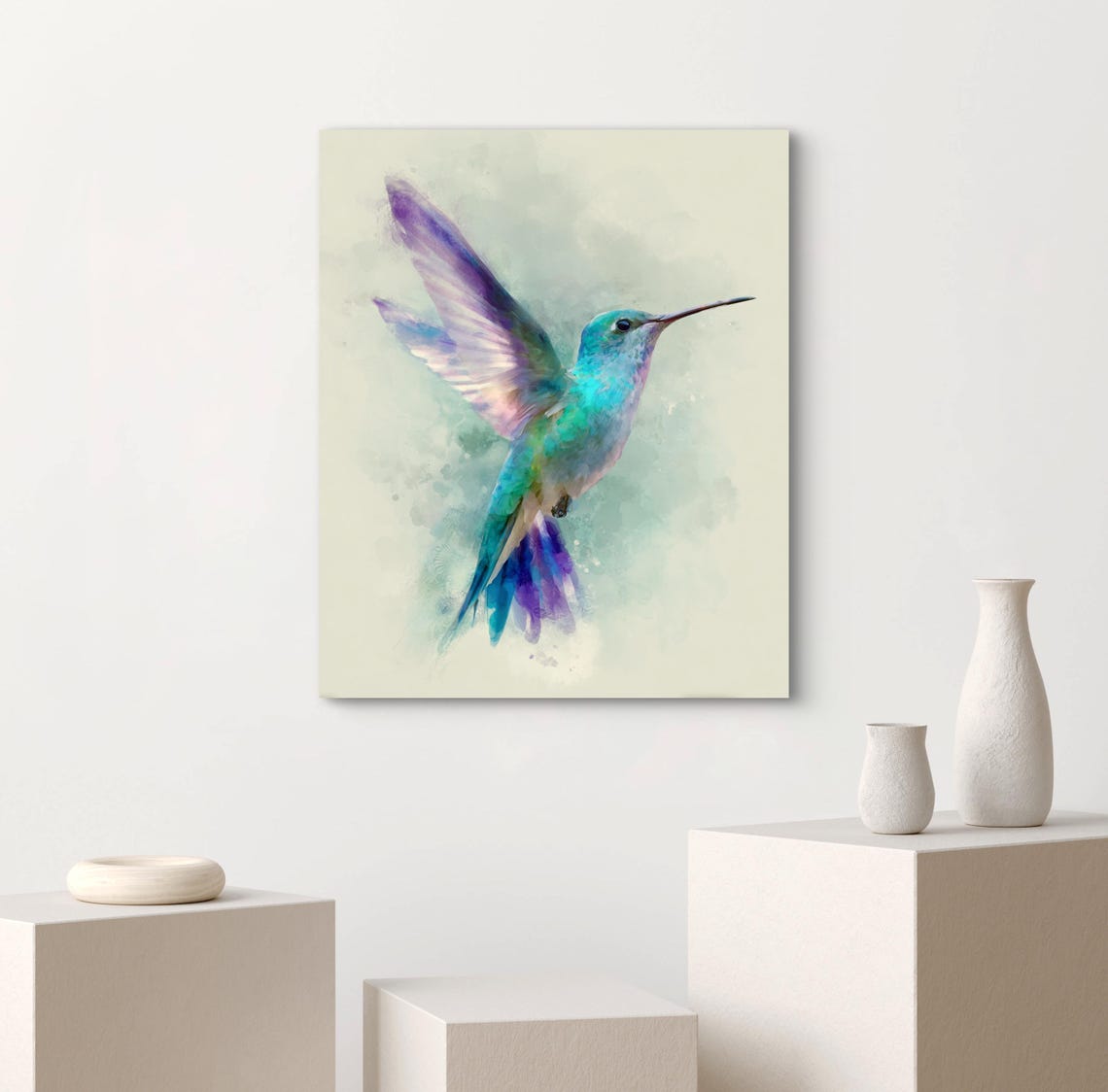 Turquoise Hummingbird Watercolor Iridescent Wings Elegant Wall Art