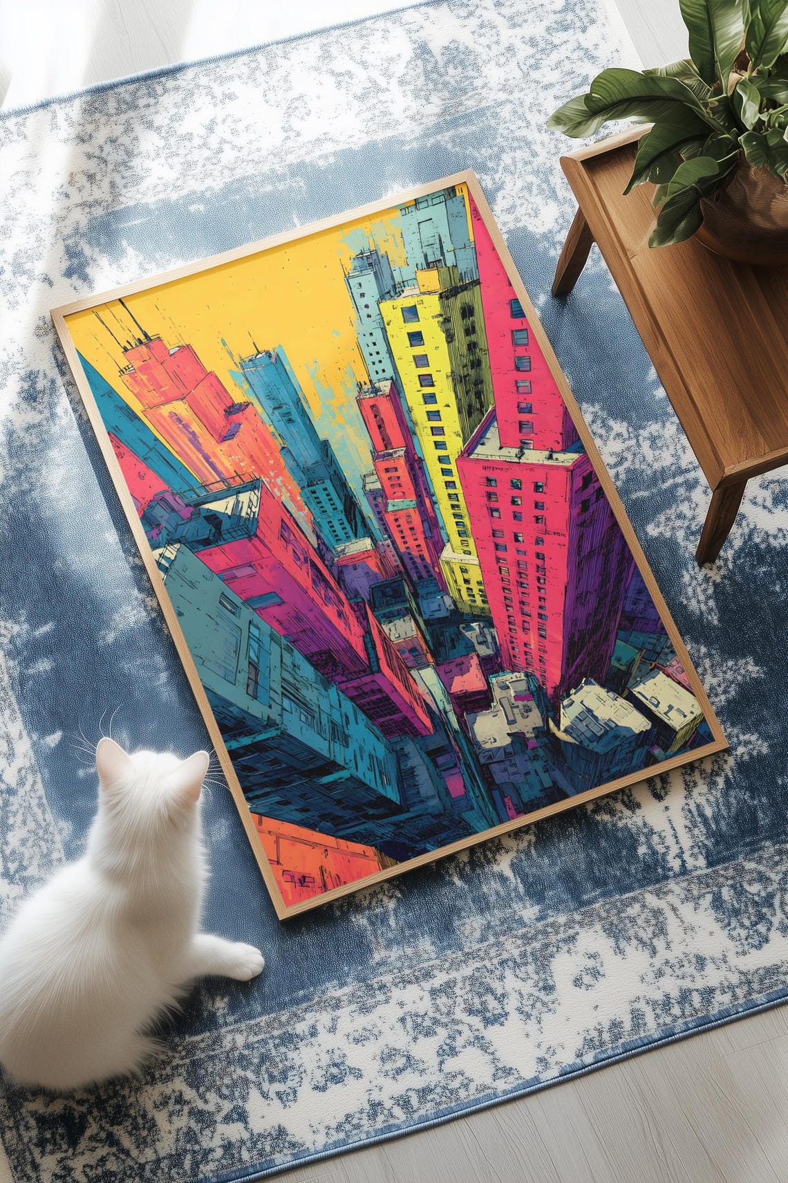 Colorful Neon Pop Art Skyscrapers Aerial View Cityscape Poster