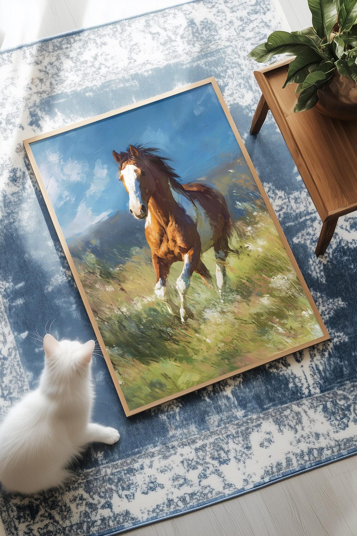 Galloping Chestnut Horse Sunlit Wildflower Meadow Painterly Art Poster