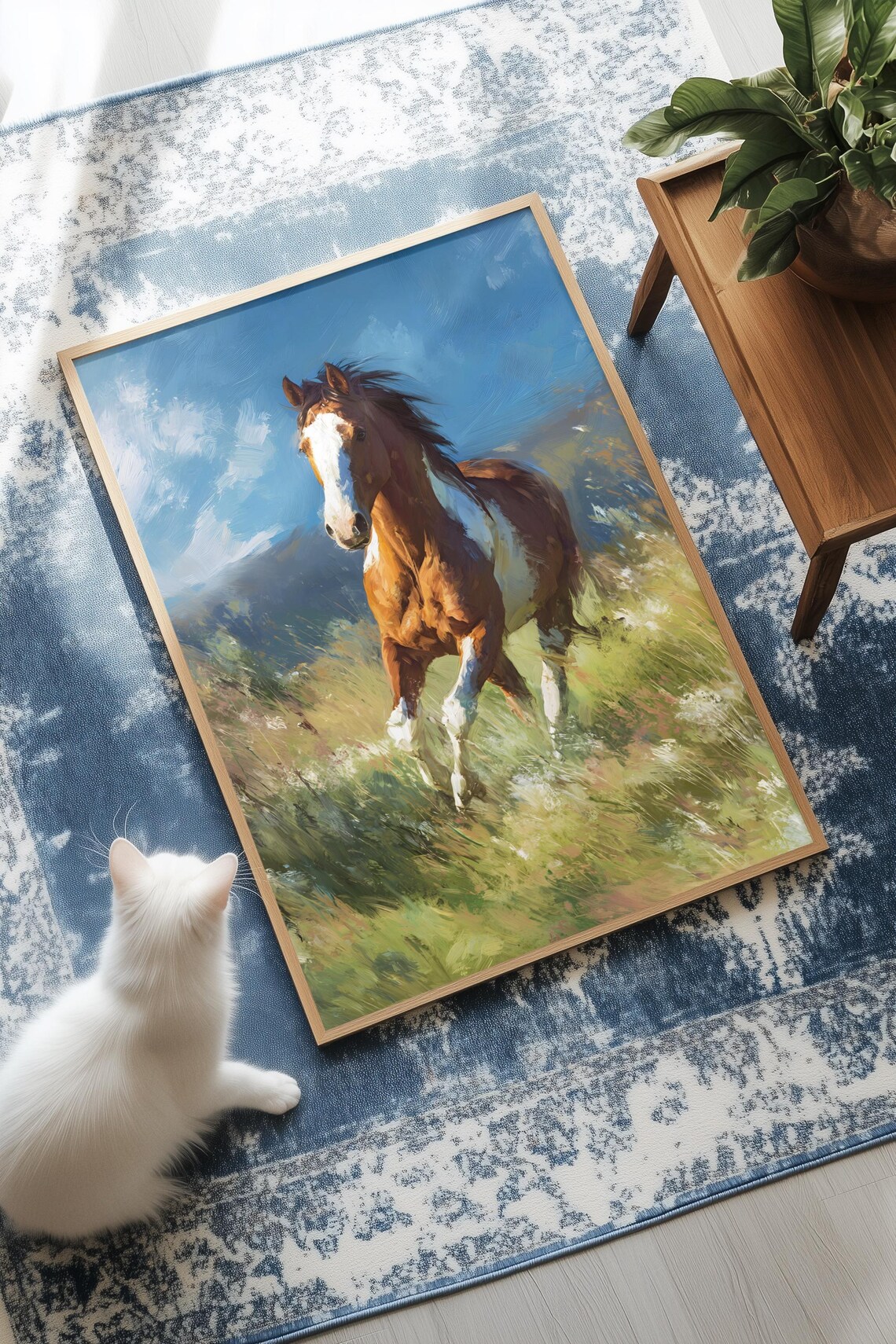 Running Horse Meadow Illustration Equestrian Nature Art