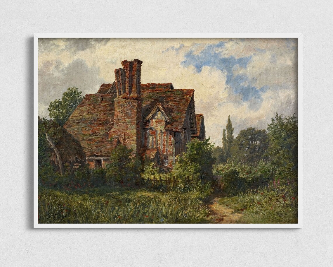 Old Brick Farmhouse Country Lane Vintage Pastoral Oil Painting Poster - Image 2