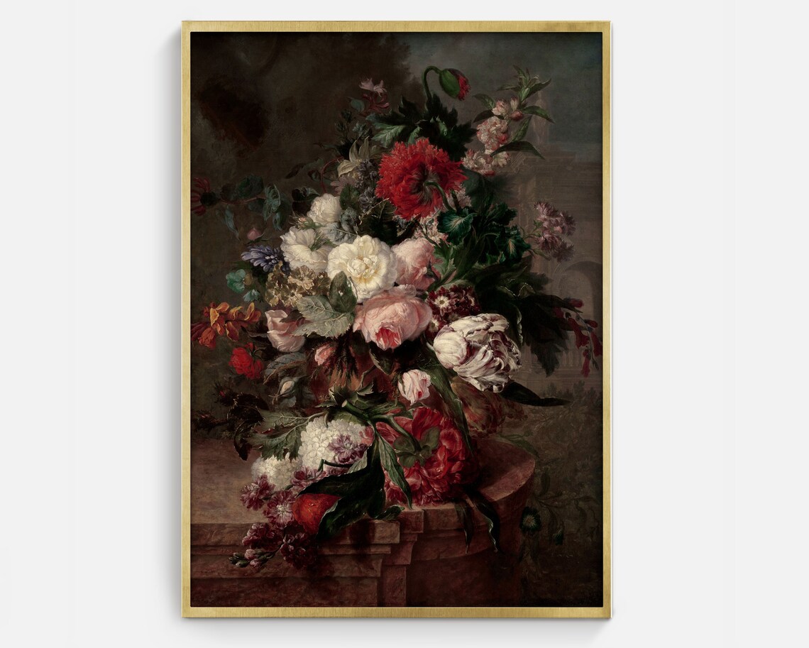 Peonies Roses Stone Pedestal Moody Dark Floral Bouquet Art Poster