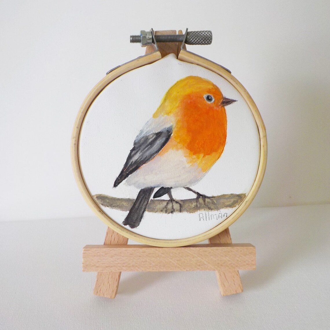 Orange Songbird on Branch Watercolor in Embroidery Hoop Art Poster