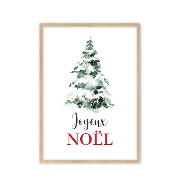 Snowy Watercolor Pine Tree Joyeux Noel French Christmas Poster