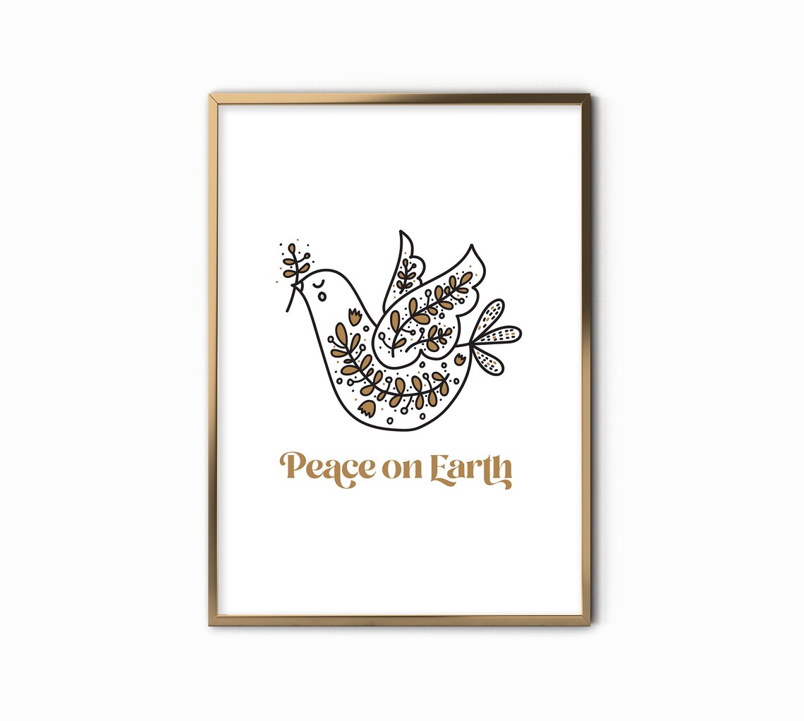 Elegant Golden Dove Peace on Earth with Floral Wings Holiday Art Print - Image 2