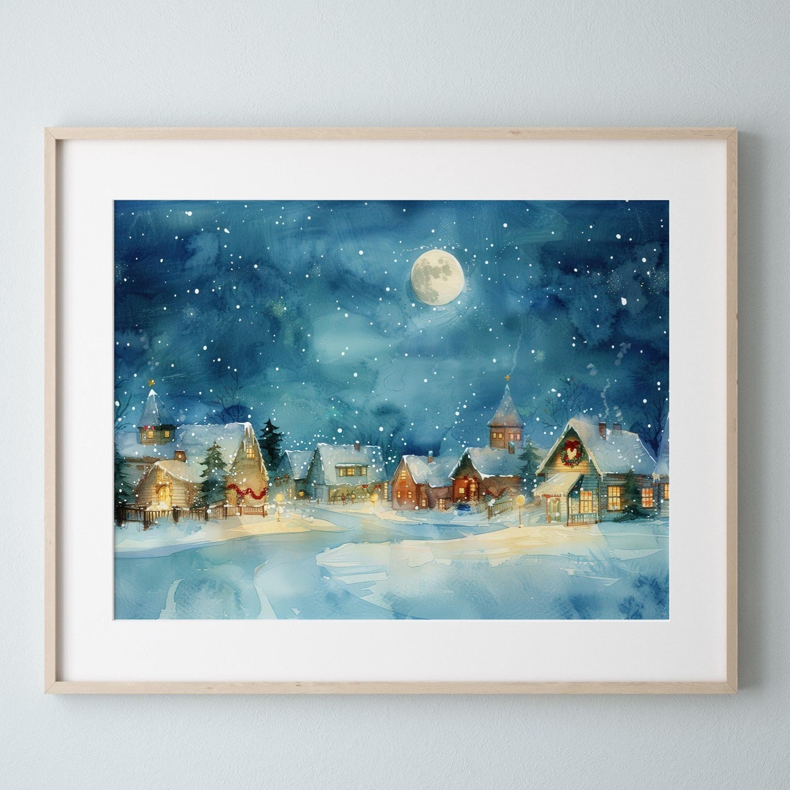 Winter Village at Night Watercolor Snowy Christmas Cottage Wall Art