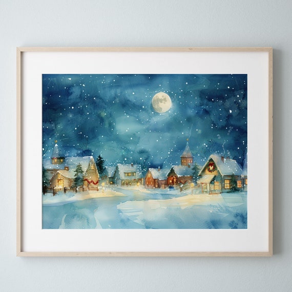 Moonlit Christmas Village Watercolor Art Print Festive Holiday Decor