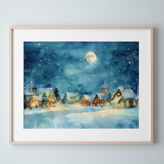 Winter Village at Night Watercolor Snowy Christmas Cottage Wall Art