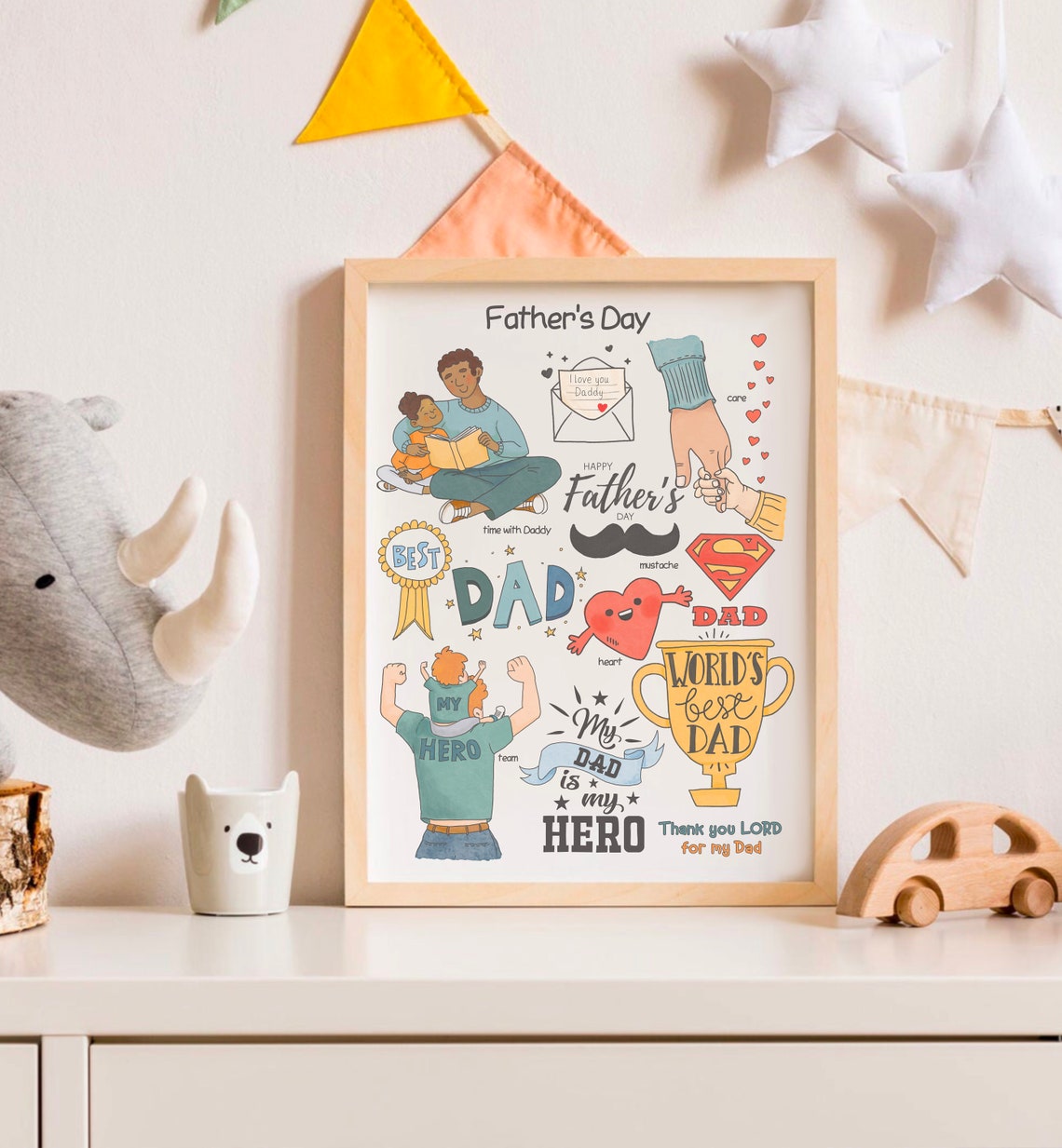 Father's Day Doodle Collage Best Dad Trophy Illustration Print - Image 2
