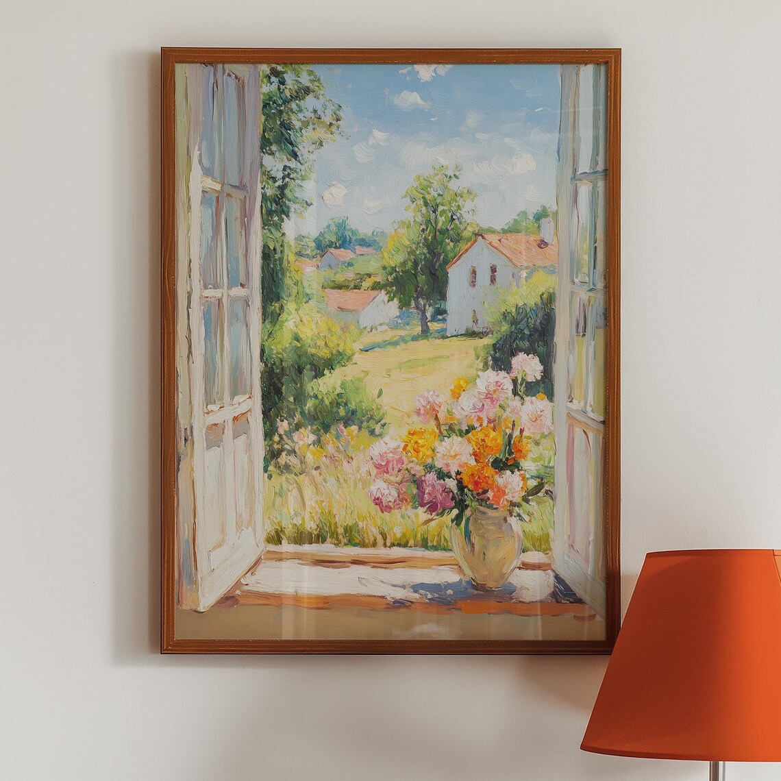 Open Window French Countryside Cottage Flower Bouquet Meadow View Poster