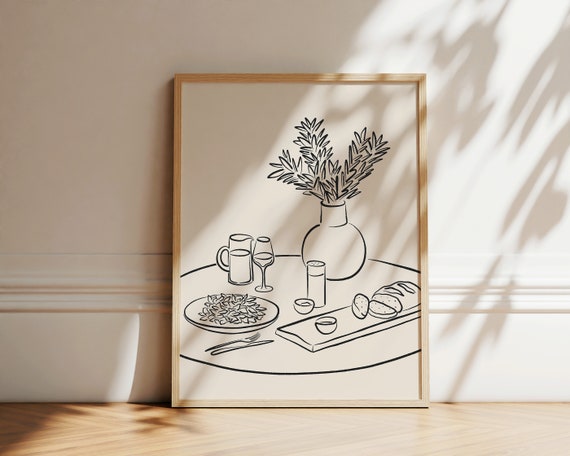 Table Setting Ink Drawing Restaurant Art Print Girl Dinner Line Art Illustration Kitchen Art Artwork Instant