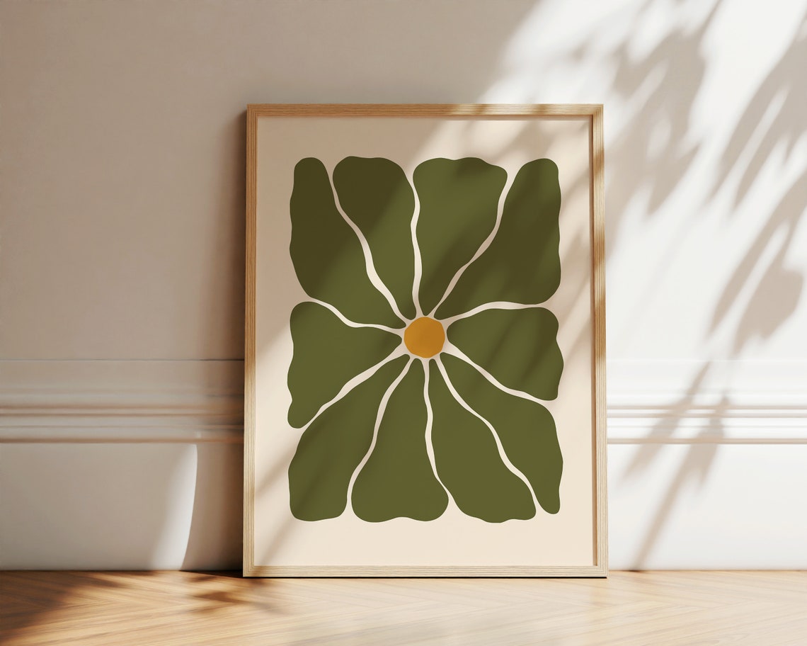 Retro Green Abstract Flower Yellow Center Groovy Trendy Wall Art - Image 2
