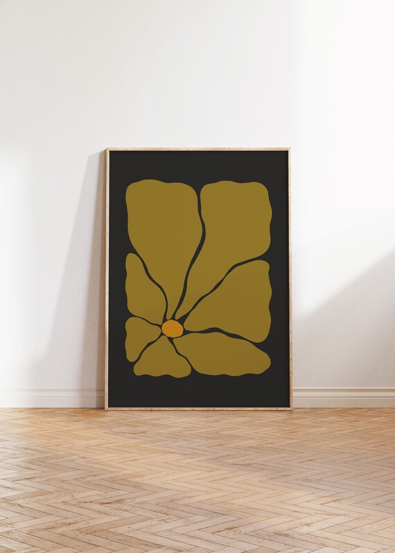 Ochre Gold Abstract Bloom Deep Black Retro Modern Floral Wall Poster