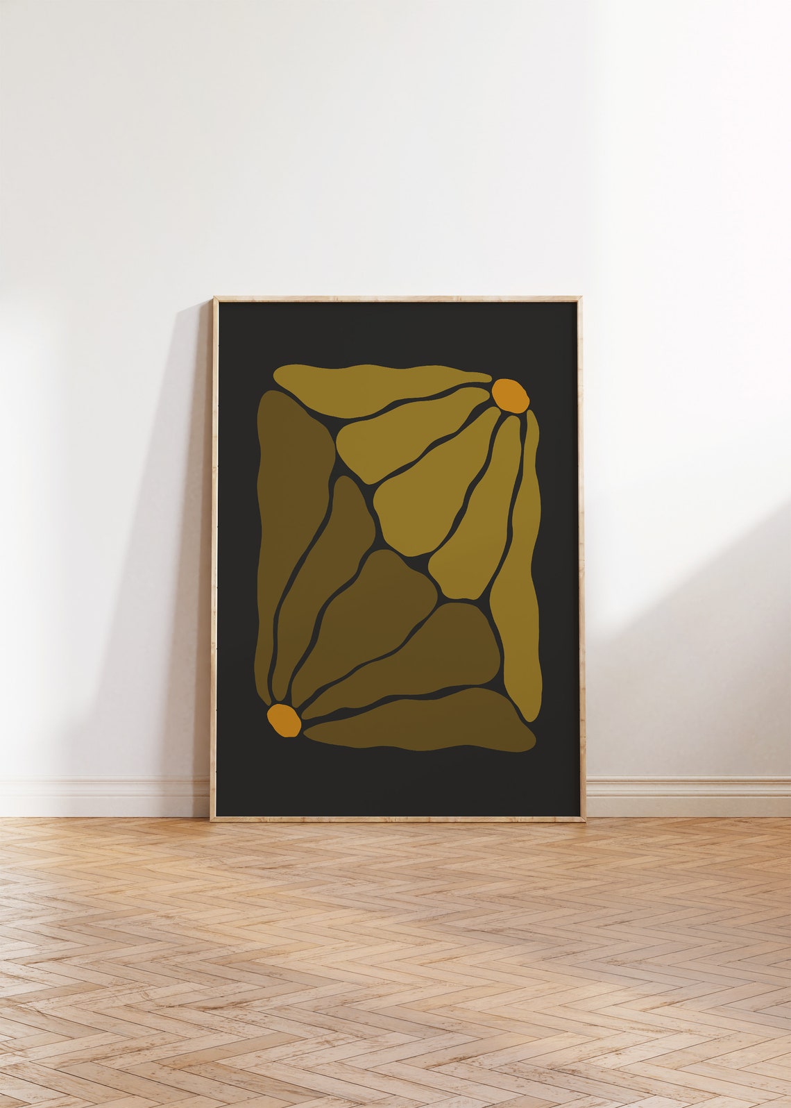 Muted Olive Organic Botanical Forms Amber Detail Black Poster
