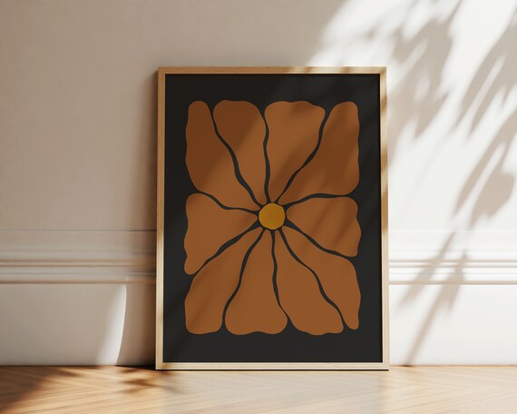 Chocolate Brown Retro Flower Golden Center Black Floral Art Poster
