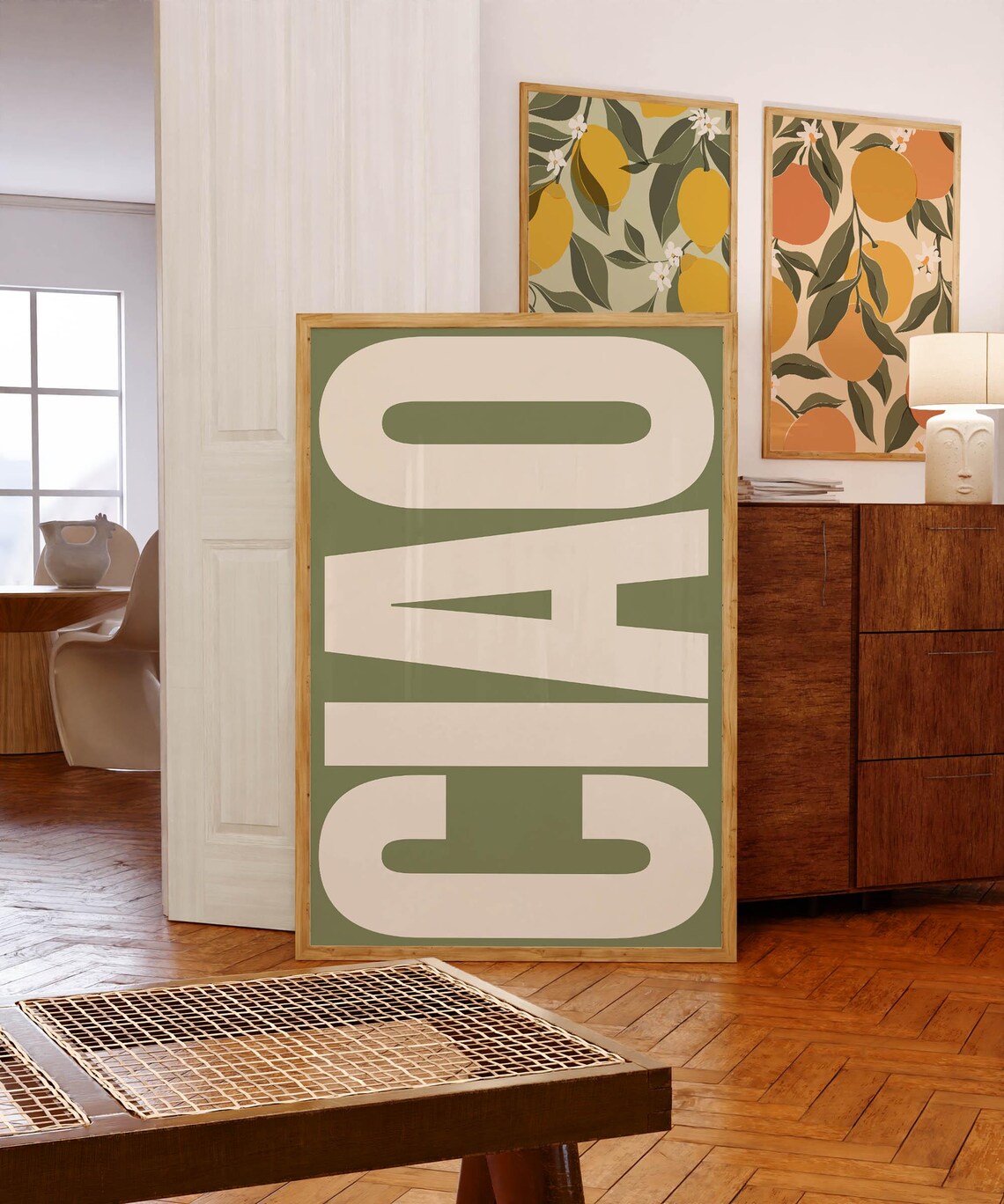 Ciao Sage Green Background Cream Block Letter Italian Greeting Poster