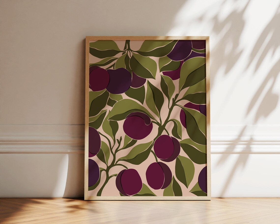 Plums Abstract Botanical Poster, Boho Kitchen Wall Art
