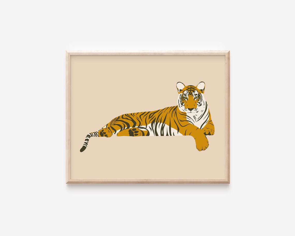 Resting Tiger Illustration Gold Striped Big Cat Modern Wall Poster