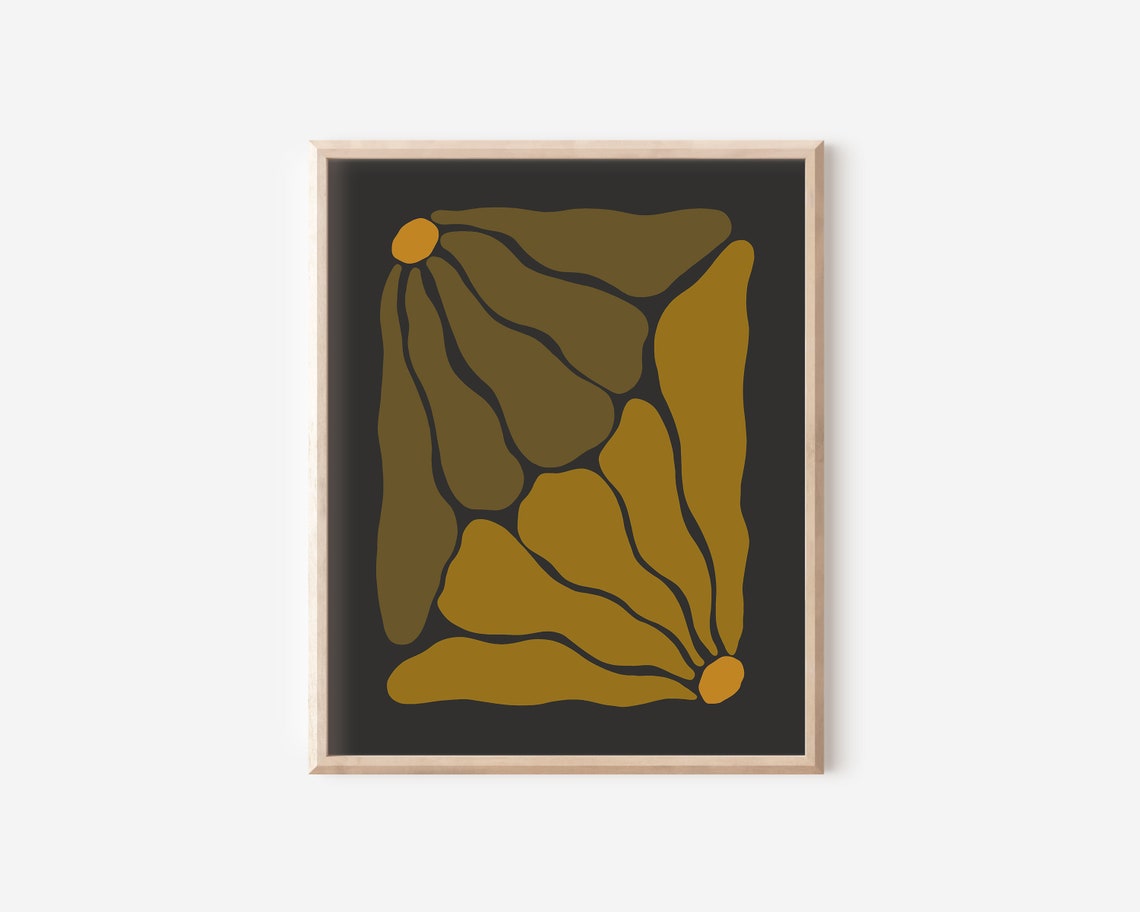 Olive Green Abstract Leaf Art Amber Accents Bold Black Poster - Image 2