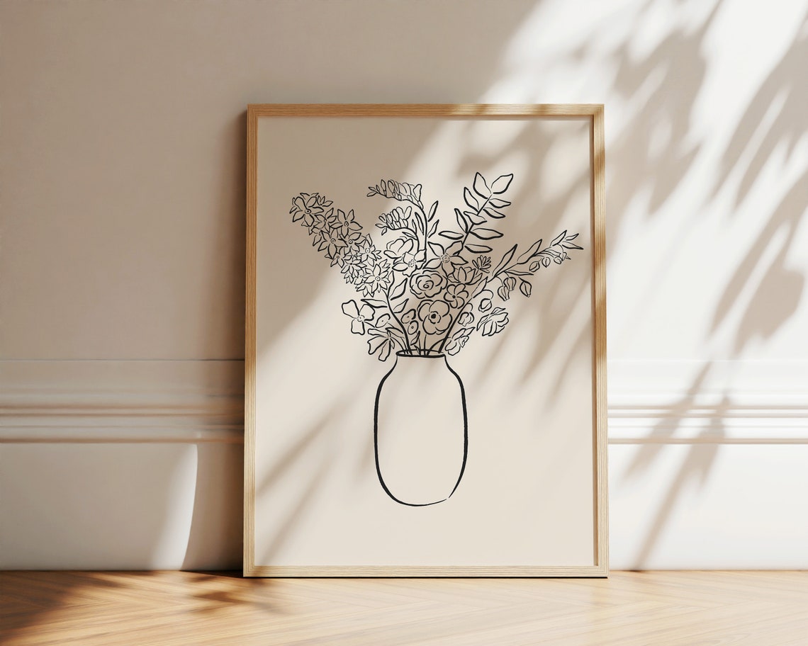 Minimalist Black Ink Flower Bouquet Vase Line Drawing Wall Poster - Image 2
