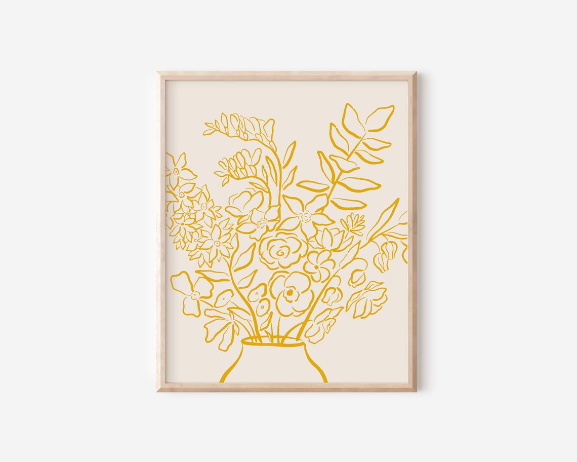 Gold Flower Bouquet Vase Line Art Minimalist Botanical Poster