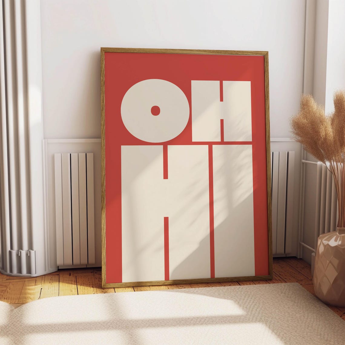 Oh Hi Warm Coral Red Background Cream Block Letter Greeting Poster